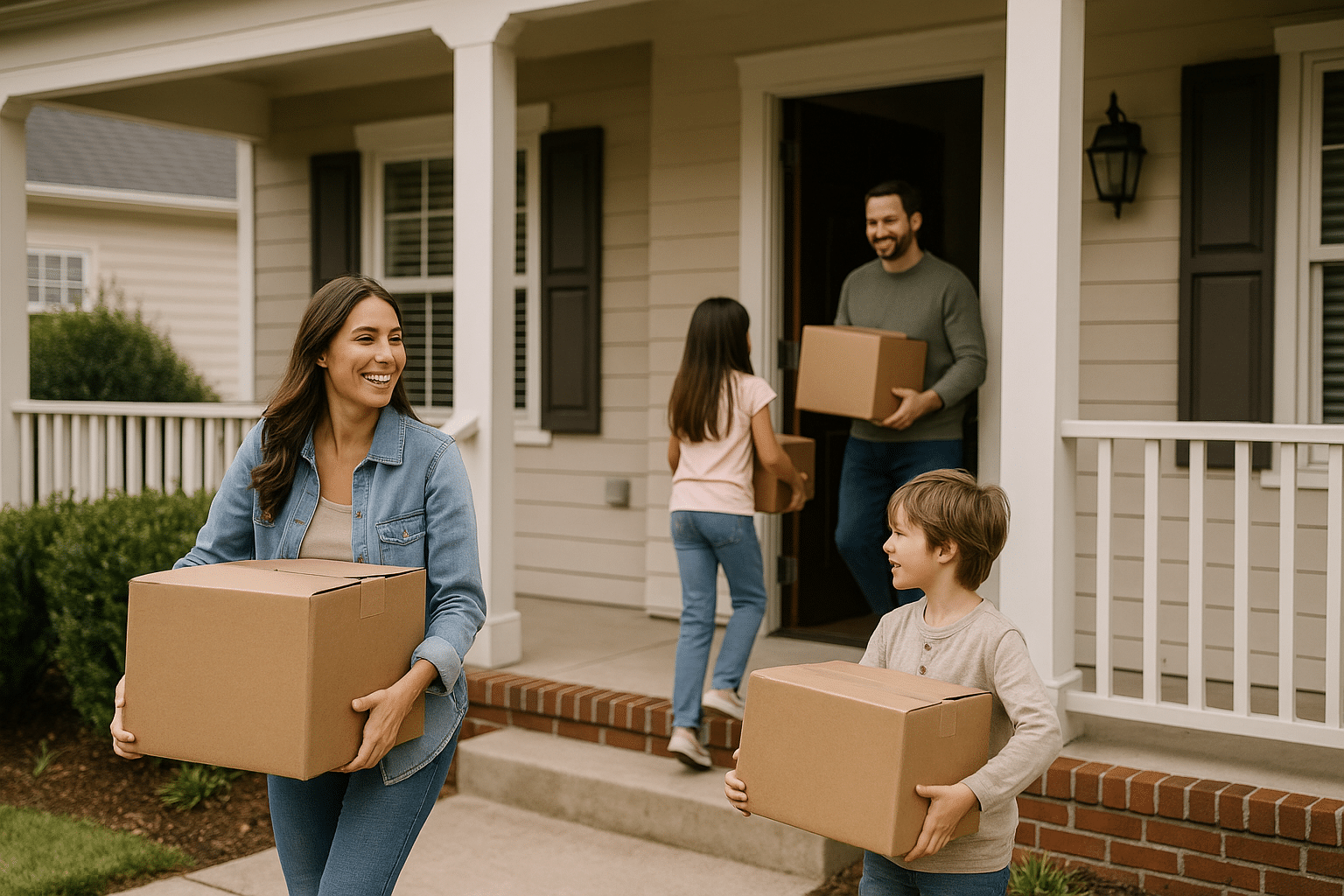 Family carrying boxes into a Richmond Hill home after closing