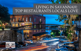 Evening view of historic River Street in Savannah, Georgia, with cobblestone streets, brick buildings, and lively restaurants glowing under the night sky.