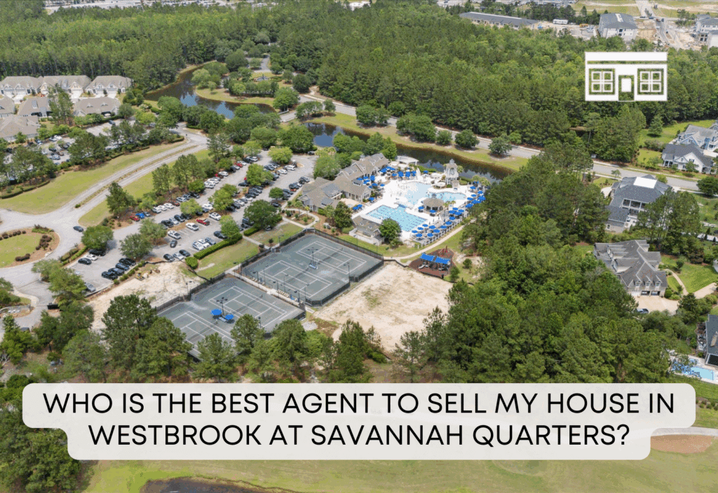 Aerial view of Westbrook at Savannah Quarters showcasing golf course, lagoon, and luxury homes