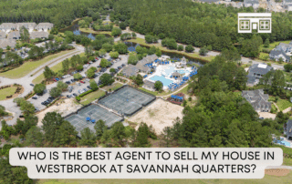 Aerial view of Westbrook at Savannah Quarters showcasing golf course, lagoon, and luxury homes